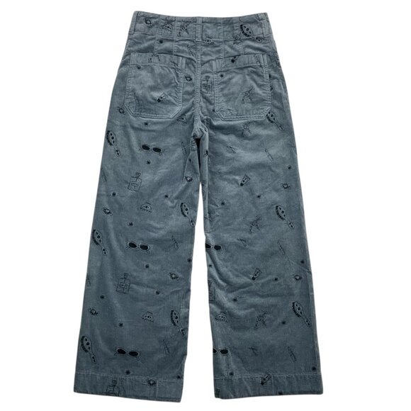 Anthropologie Maeve The Colette Crop Wide Leg Embroidered Corduroy Pant 27 Blue - Picture 2 of 12